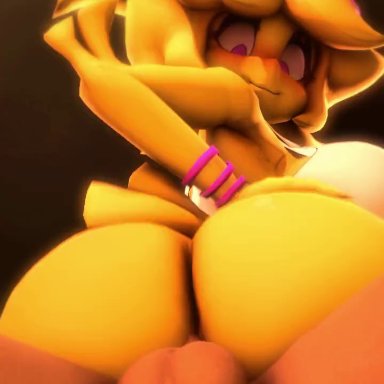 animated, animatronic, chica (fnaf), cowgirl position, faceless male, fat ass, five nights at freddy's, huge ass, huge breasts, large ass, large penis, looking back, looking pleasured, smile, smiling