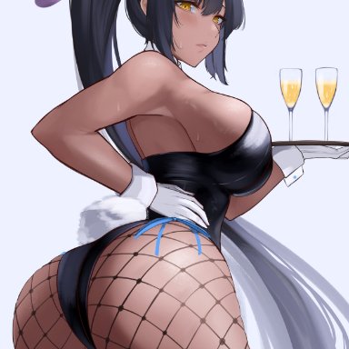 1girls, 2021, alcohol, animal ears, artist name, ass, bare shoulders, black hair, black leotard, blue archive, breasts, bunny ears, bunny tail, champagne, cliov