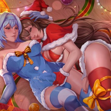 2d (artwork), 2futas, amber (genshin impact), ass, big ass, big breasts, blue hair, breasts, brown hair, bulge, christmas, clothed, clothing, cum, cum through clothes