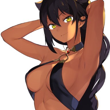 a k o, animal ears, armpits, arms up, backlighting, bare shoulders, black hair, braid, breasts, choker, cleavage, closed mouth, dark-skinned female, dark skin, eyebrows visible through hair