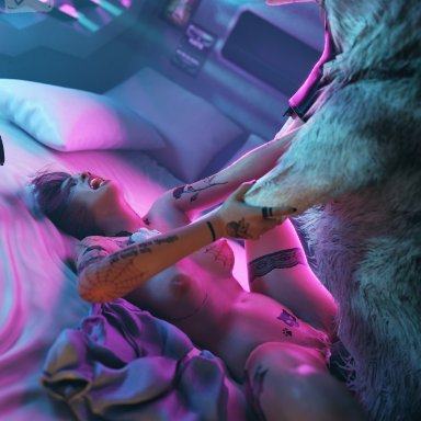 1boys, 1girls, angry, breasts, canine, cum, cum in pussy, cum inside, cum overflow, cyberpunk 2077, forced, judy alvarez, knotting, lesbian with male, leta