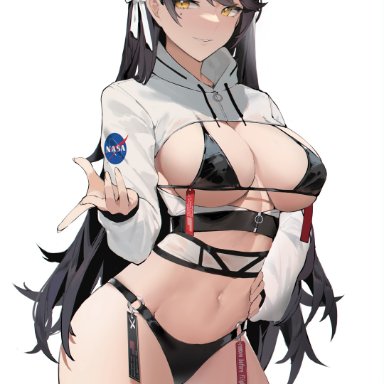 1girls, 2021, aliosarvin, alternate costume, animal ears, atago (azur lane), atago (stunning speedster) (azur lane), azur lane, belly, bikini, bikini top, black hair, bra, breasts, center opening