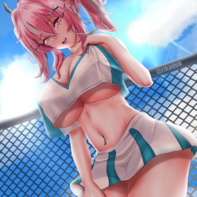 1girls, 2d (artwork), absurd res, azur lane, bangs, bare shoulders, blue sky, blush, breasts, bremerton (azur lane), bremerton (scorching-hot training) (azur lane), chain-link fence, clavicle, cleavage, clothing