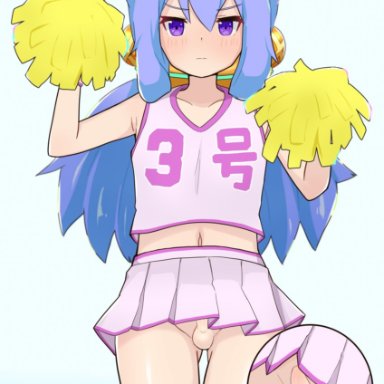 1boy, amaguri, arms up, balls, bangs, blue hair, blush, crossdressing, erection, eyebrows visible through hair, femboy, girly, gradient background, hacka doll, hacka doll 3