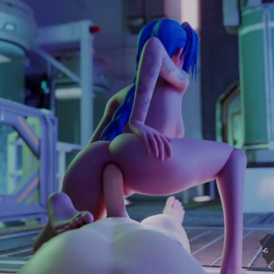 3d, anal, animated, arcane, athletic female, blue hair, human, jinx (league of legends), large penis, league of legends, naked, pink eyes, reverse cowgirl position, tagme, thecount