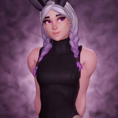 abrxsive, braid, braided hair, breasts, bunny ears, bunny girl, bunnysuit, clothed, fortnite, purple hair, purple skin, tight clothing, torin (fortnite), twintails, white hair
