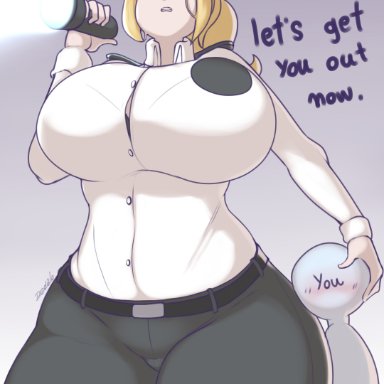 1boy, 1girls, anon, big breasts, blonde hair, blush, breasts, dedalo, female, five nights at freddy's, five nights at freddy's: security breach, hand on head, hat, huge breasts, standing