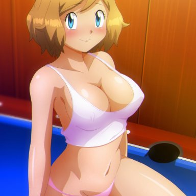 1girls, big breasts, blue eyes, breasts, eye contact, female, looking at viewer, nintendo, nipple bulge, panties, pink panties, pokemon, pokemon xy, serena (pokemon), short hair