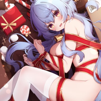 1girls, absurd res, bangs, bell, big breasts, blue hair, blush, bondage, box, breasts, candy, candy cane, christmas, detailed background, female