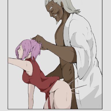 bed, holding hair, interracial, naruto, pink hair, raikage, sakura haruno, sex, sex from behind, y (artist)