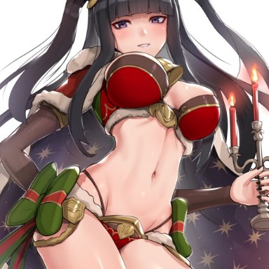 1girls, alternate costume, animal ears, antlers, bangs, bare midriff, bare thighs, bikini, black hair, black nails, blunt bangs, breasts, bridal gauntlets, candle, candlestand