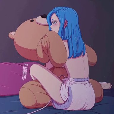 1girls, 2021, animated, bed, blue hair, blush, diaper, diaper only, digital drawing (artwork), digital media (artwork), female, hair, hug, human, humping