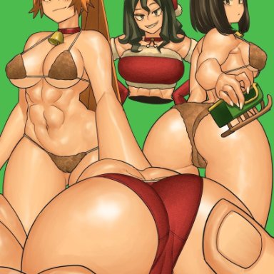 3girls, ass, big ass, big breasts, big butt, black hair, breasts, cameltoe, christmas, eye contact, female, female only, itsuka kendou, long hair, looking at viewer