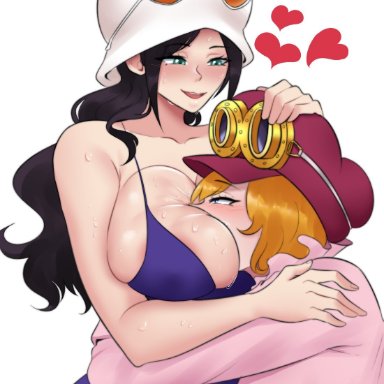 2girls, big breasts, blush, breasts, face on breast, female, female only, hand on head, hat, hugging, koala (one piece), large breasts, long hair, nico robin, nyabeyo