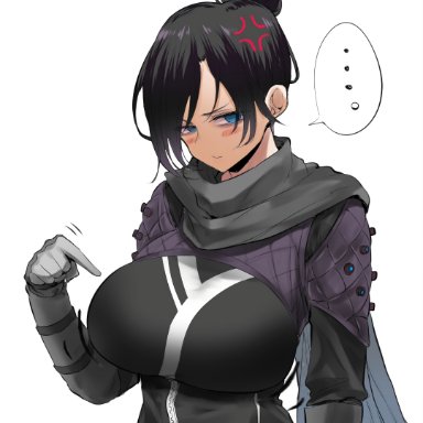 alternate breast size, angry, apex legends, black hair, blue eyes, blush, blush lines, breast hold, breast squeeze, breast squish, breasts, breasts out, bursting breasts, bursting clothes, gigantic breasts
