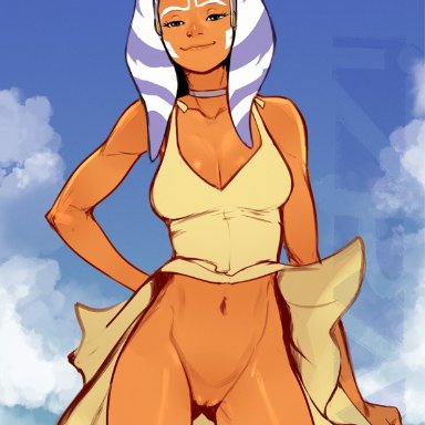 1girls, ahsoka tano, alien, alien girl, breasts, choker, cleft of venus, clone wars, clothed, cloud, cloudy sky, colored skin, cosplay, dress, female