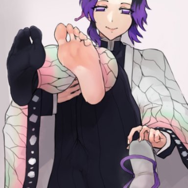 barefoot, black hair, butterfly hair ornament, demon slayer, feet up, female, female only, foot fetish, foot focus, fully clothed, haori, kimetsu no yaiba, kochou shinobu, legs up, looking back