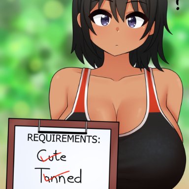 1boy, 1girls, 2021, ?, absurd res, arms behind back, bare shoulders, black hair, blurry, blurry background, breasts, checklist, cleavage, competition swimsuit, dark-skinned female