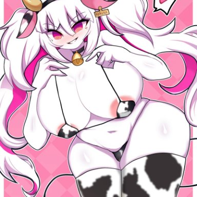 1girls, alternate hairstyle, beni imo, big breasts, blush, breasts, cow bikini, cow ears, cow horns, cow print, cow tail, cowbell, female, fnf entity, fnf mods