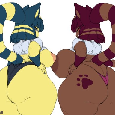 alternate color, animal crossing, ankha, anthro, areola, ass, big breasts, big butt, bottomless, breasts, clothed, clothing, curvy figure, domestic cat, duo