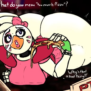 bow, earrings, five nights at freddy's, five nights at freddy's: security breach, glamrock chica (fnaf), gokusenpai, huge ass, laying on stomach, makeup, pizza, pizza box, pursed lips, tagme, text, thick ass