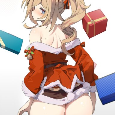 1girls, aqua eyes, ass, barbara (genshin impact), bare shoulders, blonde hair, blush, christmas, fake horns, female, female only, genshin impact, highres, long hair, looking back