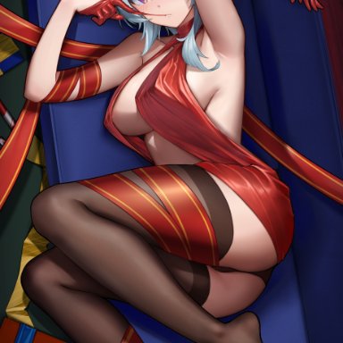 absurdres, armpits, ass, bangs, biting, blue hair, blush, bound, breasts, brown legwear, brown panties, christmas, cleavage, closed mouth, commentary request