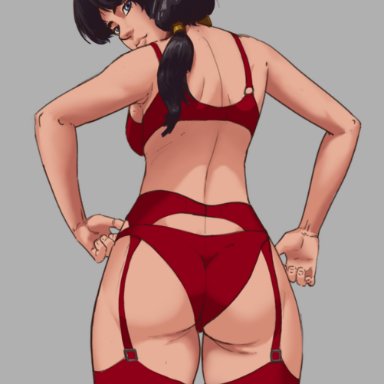 1girls, 2d (artwork), ass, back, black hair, blue eyes, dragon ball, from behind, garter belt, garter straps, lewdpala, lingerie, low twintails, red bra, red panties