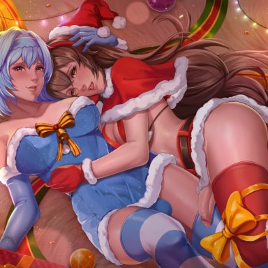 2futas, amber (genshin impact), ass, big ass, big breasts, blue hair, breasts, brown hair, bulge, christmas, clothed, clothing, erection, erection under clothes, eula (genshin impact)