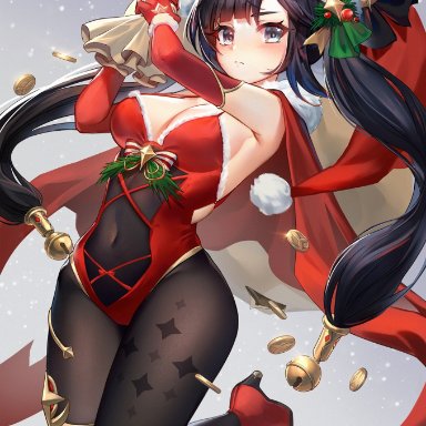 1girls, abs, absurd res, arms up, belly button, black hair, black leggings, black legwear, blush, bodysuit, breasts, christmas, christmas clothing, christmas hat, christmas outfit