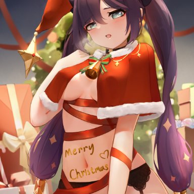 1girls, abs, absurd res, bell, belly button, berserker r, black legwear, black stockings, blush, body writing, bodypaint, bow, breasts, christmas, christmas hat