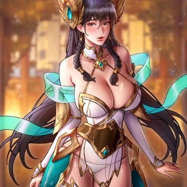 big breasts, blush, braided hair, divine sword irelia, huge breasts, irelia xan, league of legends, leggings, legwear, lol, looking at viewer, roborobocop, see-through, thighs, white panties