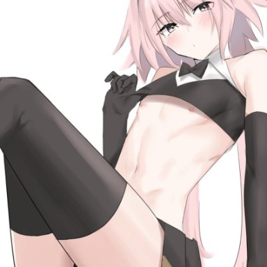 1boy, 2d (artwork), arm support, astolfo (fate), bangs, bare shoulders, black bow, black gloves, blush, bow, bowtie, bulge, eyebrows visible through hair, fate/grand order, fate (series)