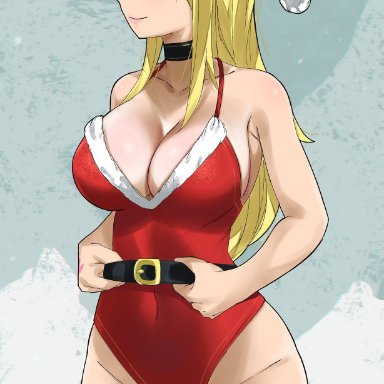 1girls, big breasts, blonde hair, brown eyes, christmas, christmas outfit, cleavage, cute, fairy tail, female, female only, gaston18, leotard, lucy heartfilia, red leotard