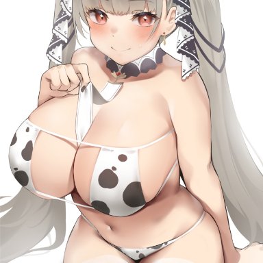 1girls, 2021, animal print, azur lane, bangs, bare shoulders, between breasts, bikini, blush, breasts, cleavage, closed mouth, collarbone, cow print, cow print bikini