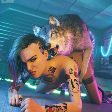 1boys, 1girls, angry, breasts, canine, cum, cum puddle, cyberpunk 2077, doggy style, judy alvarez, lesbian with male, leta, short hair, tattoo, tattoos