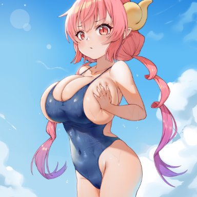 1girls, bare arms, bare shoulders, blue sky, blue swimsuit, breast squeeze, breasts, bursting breasts, cleavage, clothing, covered navel, day, dragon girl, dragon horns, female