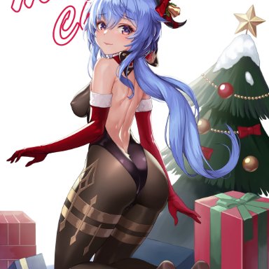 absurdres, ahoge, ass, back, backless outfit, bangs, bell, black legwear, blue hair, blush, bodystocking, bodysuit, bound, bow, breasts