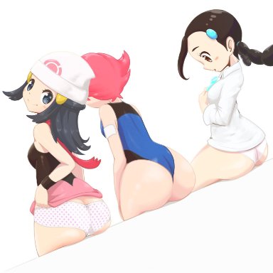 3girls, ass, big ass, big butt, black hair, blue eyes, blue hair, breasts, candice (pokemon), cute, dawn (pokemon), female, female only, leotard, long hair