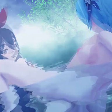 2girls, 3d, amber (genshin impact), animated, areola, areolae, blue hair, bouncing breasts, brown hair, eula (genshin impact), genshin impact, in water, large ass, large breasts, light-skinned female