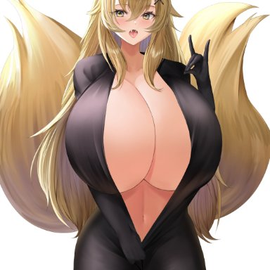 animal ears, breasts, breasts bigger than head, cleavage, female, fox ears, fox girl, fox tail, gigantic breasts, huge breasts, kitsune, solo, top heavy, unzipped, unzipped bodysuit