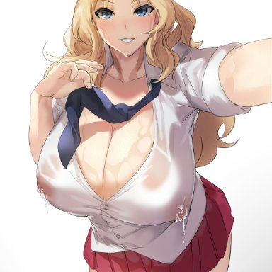 1girls, absurd res, blonde hair, blue eyes, blue necktie, blue neckwear, breasts, cleavage, clothing, collared shirt, cowboy shot, curvaceous, curves, female, girls und panzer