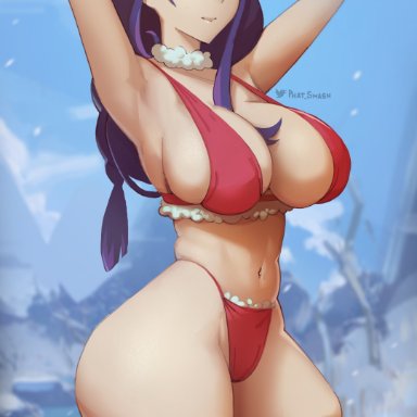 1girls, 2021, absurdres, armpits, arms behind head, arms up, artist signature, ass, belly button, blue sky, breasts, christmas, female, female only, genshin impact