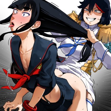 1futa, 1girls, ambiguous penetration, bent over, black hair, clothed, clothing, clothing swap, duo, female, from behind, from behind position, futa on female, futanari, hair grab