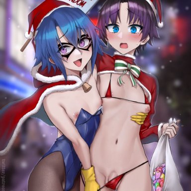 2boys, :d, areola slip, areolae, assisted exposure, bikini, blue eyes, blue hair, blurry, blurry background, blush, bunnysuit, cape, carrying bag, city