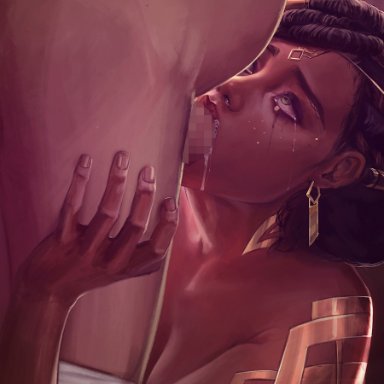 1boy, arcane: league of legends, artist name, ass, bangs, breasts, brown eyes, brown hair, censored, clothes pull, collarbone, commentary, dark-skinned female, dark skin, earrings