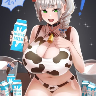 !, !!, 1girls, 2021, aestheticc-meme, animal ears, animal print, artist name, bell, breasts, bucket, choker, cleavage, cow ears, cow horns