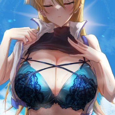 alexis rhodes, bare shoulders, blonde hair, blue bra, blue underwear, bra, breasts, cleavage, closed eyes, clothes lift, clothing, collar, commission, female, high resolution