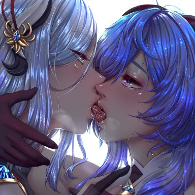 2girls, absurd res, arm around neck, bangs, blue eyes, blue hair, blush, female, fingers interlocked, french kiss, ganyu (genshin impact), genshin impact, gessegordan, gloves, green eyes