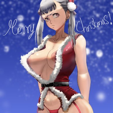 1girls, areola slip, arms behind back, black clover, breasts, christmas, christmas clothing, christmas outfit, cleavage, closed mouth, front view, hourglass figure, legs, legwear, looking to the side